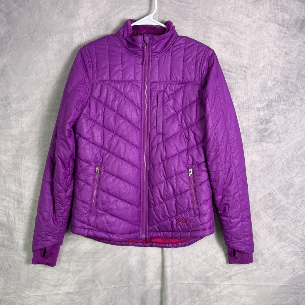 Under Armour Storm Purple Quilted Puffer Jacket Thumb Holes Womens sz s Running